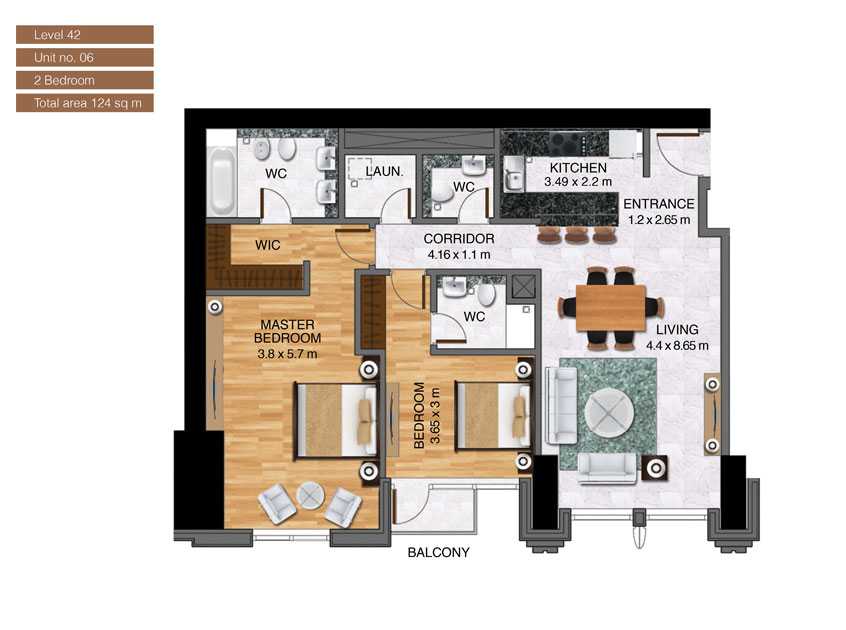 Level-42,Unit-no-6-,2-Bedroom-,Size-124-Sq m